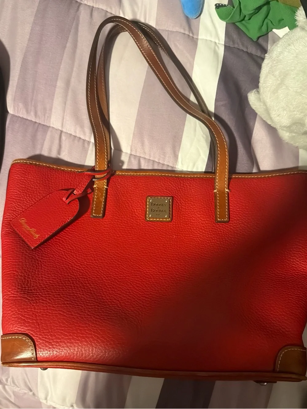 Dooney & Bourke Red Pebble Leather Tote with Brown Trim and Tag